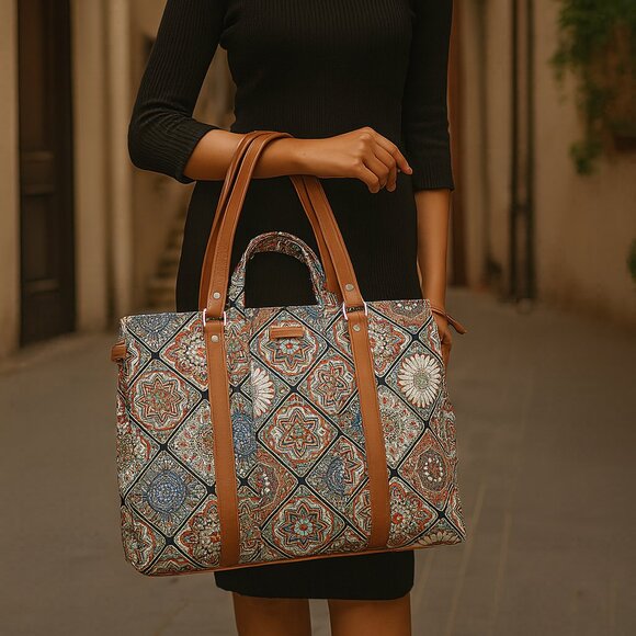 Multicolour Printed Women Tote Bag – Hand Crafted Fabric Handbags, Satchel Purse - Picture 2 of 10